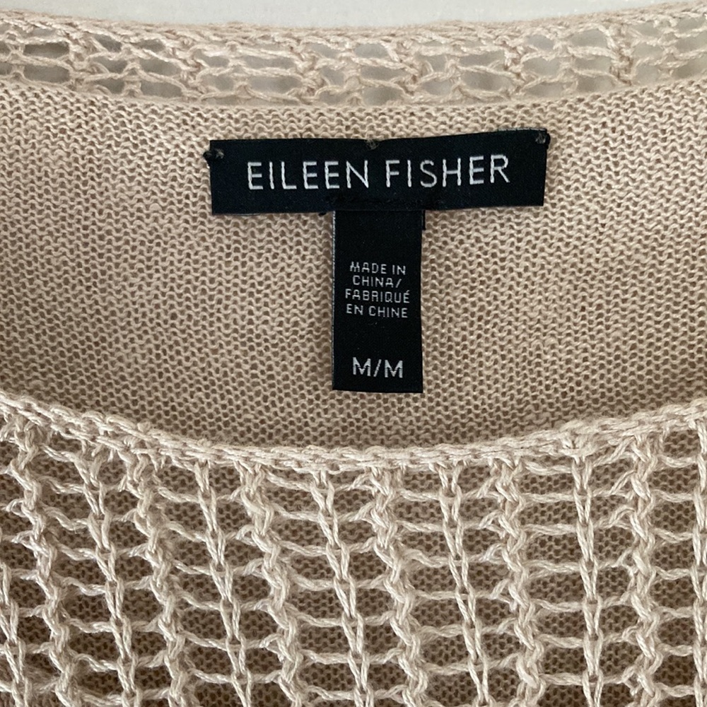 Eileen Fisher Sweater 2-layer Mesh Loose Knit Linen Overlay Pullover Tan M - Picture 4 of 9